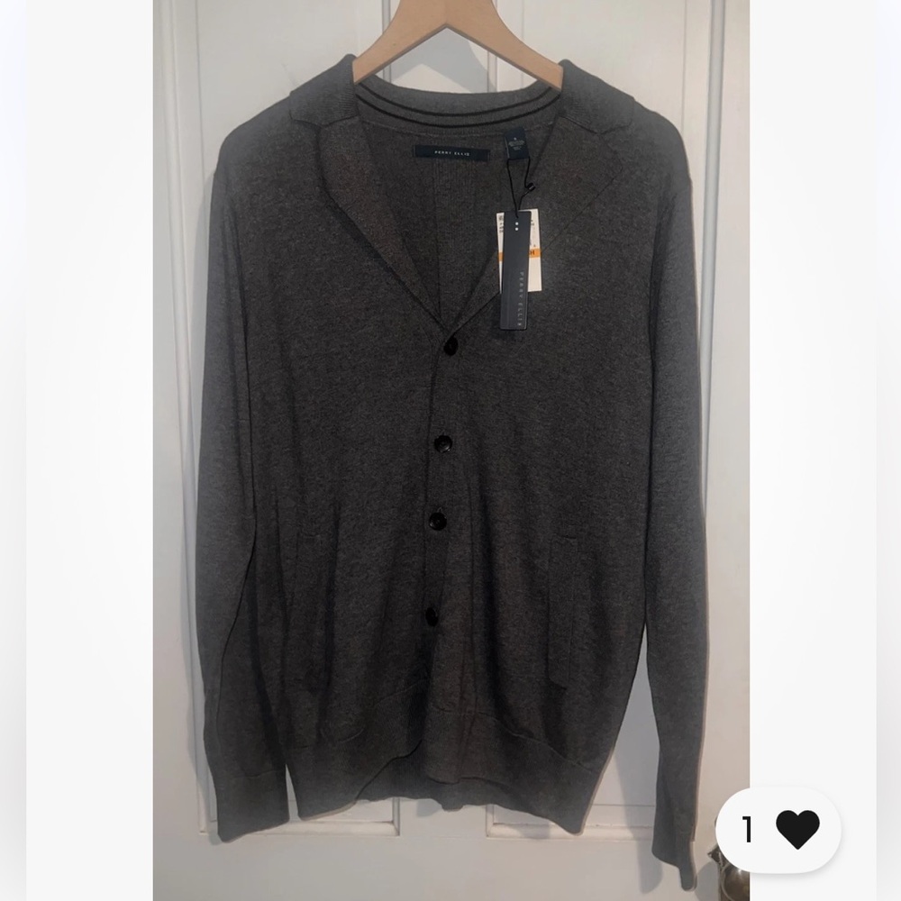 New Men's PERRY ELLIS Grey preppy casual Knit Cardigan Sweater top Small S